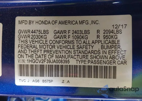 2018 Honda Accord Sport 2.0T z USA, uszkodzony, nr VIN 1HGCV2F39JA008395